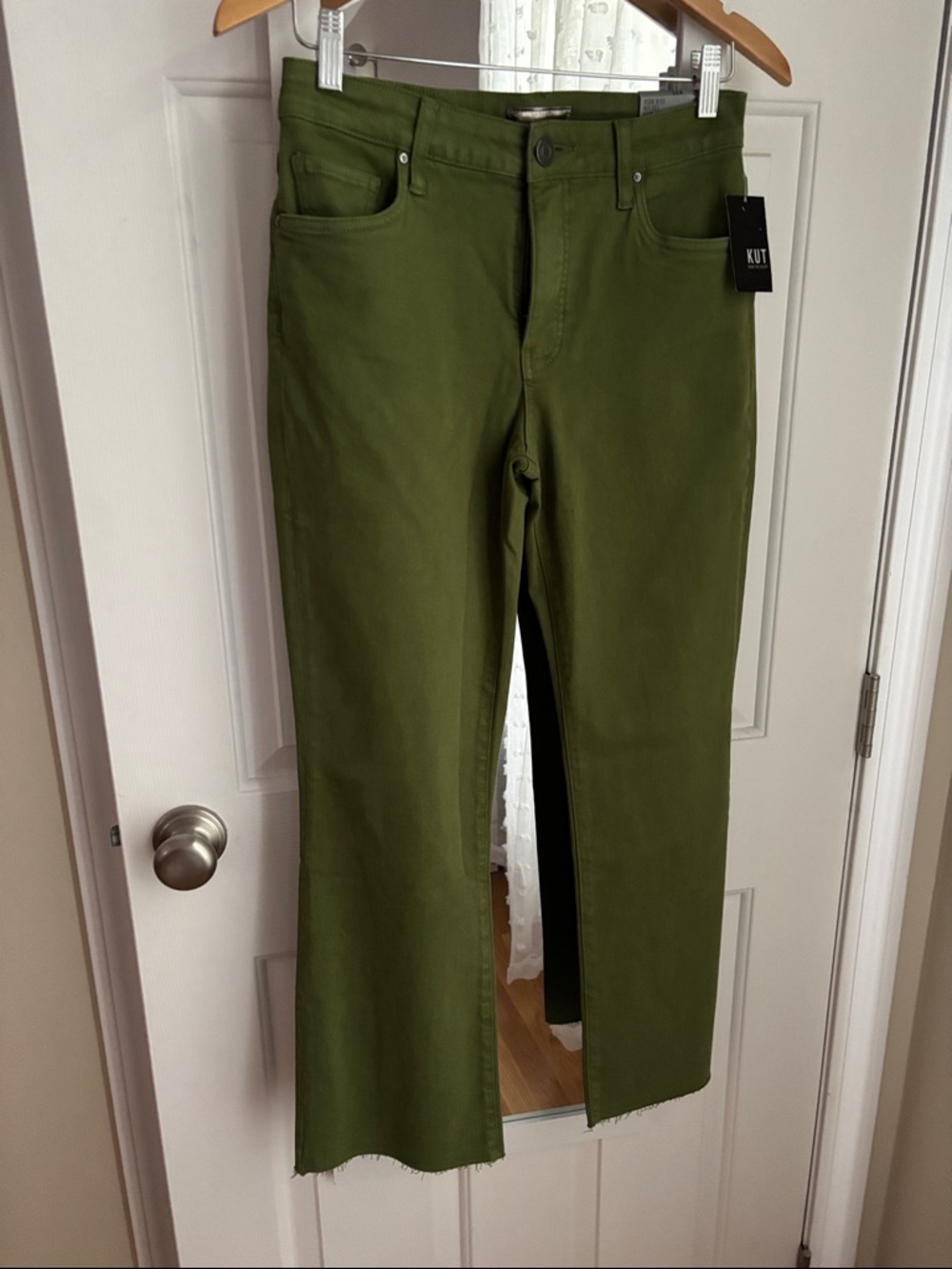 Kut from the Kloth Olive Green Raw Hem High Rise Kelsey Fab Ab Ankle Flare Jeans
